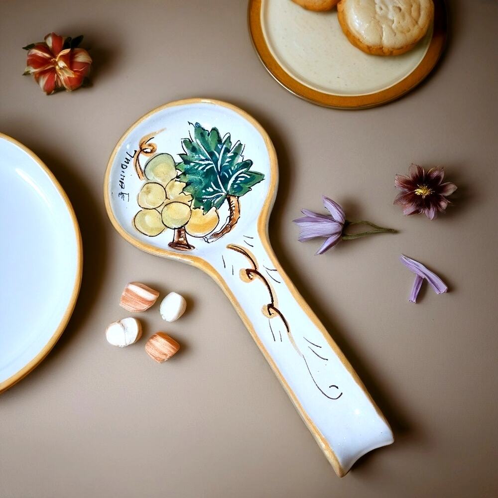 Tadinate Italy Hand Painted Ceramic Spoon Rest Tuscany Grapes Vintage Pottery